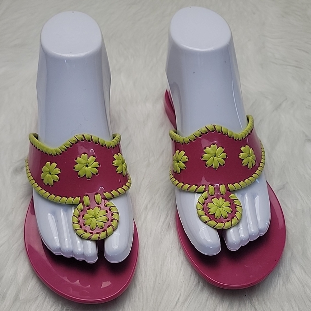 JACK ROGERS Jacks Flat‎ Jelly Pink Two Tone Neon Plastic Slip On Thong Sandals 5
